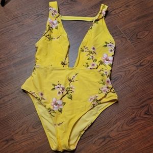 Shein yellow floral one-piece swimsuit